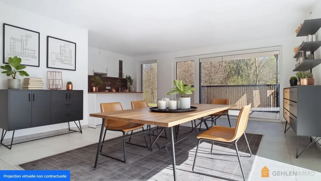 Pièce de vie et cuisine d'un appartement à vendre à Robertville meublé digitalement grâce à l'intelligence artificielle.