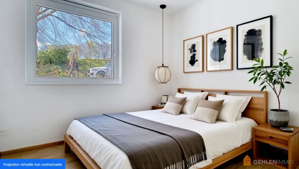 Chambre d'un appartement à vendre à Robertville meublé digitalement grâce à l'intelligence artificielle.